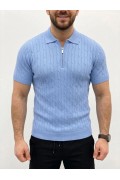 Erkek Yazlık Triko Saç Örgü Tişört Kısa Kol Polo Yaka Fermuarlı T-Shirt - Bebe Mavisi