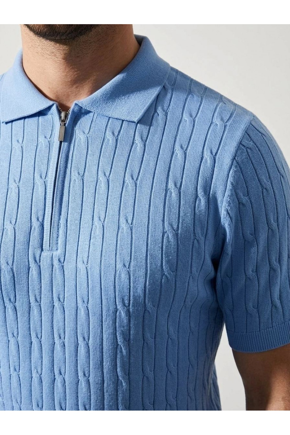Erkek Yazlık Triko Saç Örgü Tişört Kısa Kol Polo Yaka Fermuarlı T-Shirt - Bebe Mavisi