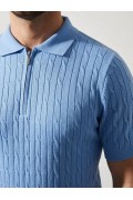 Erkek Yazlık Triko Saç Örgü Tişört Kısa Kol Polo Yaka Fermuarlı T-Shirt - Bebe Mavisi