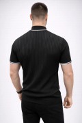 Erkek Fitilli Triko Dokuma Kısa Kol Tişört Yarım Boğaz Modern Yazlık T-Shirt - Siyah
