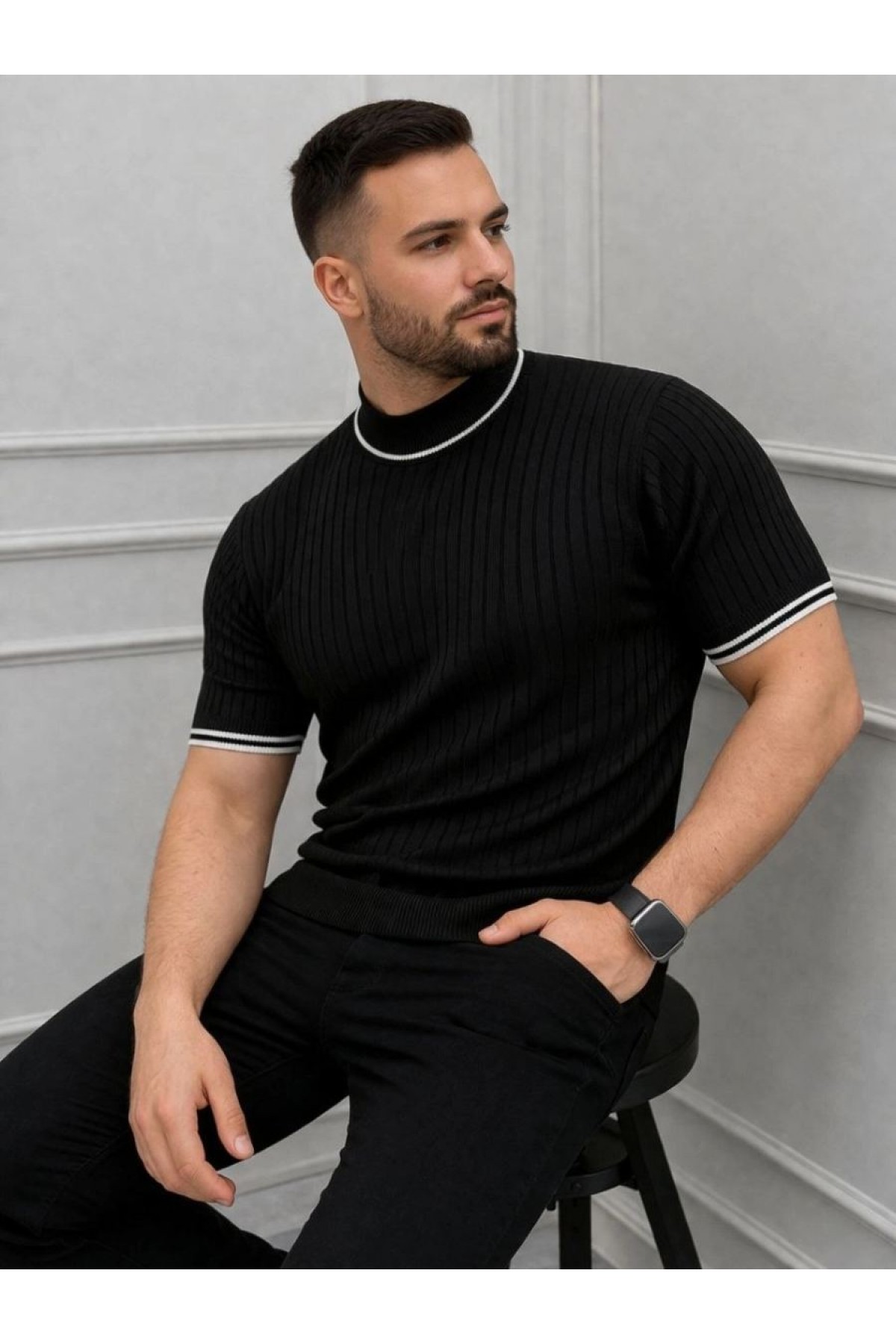 Erkek Fitilli Triko Dokuma Kısa Kol Tişört Yarım Boğaz Modern Yazlık T-Shirt - Siyah