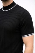 Erkek Fitilli Triko Dokuma Kısa Kol Tişört Yarım Boğaz Modern Yazlık T-Shirt - Siyah
