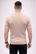 Erkek Fitilli Triko Dokuma Kısa Kol Tişört Yarım Boğaz Modern Yazlık T-Shirt - Bej