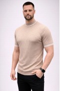 Erkek Fitilli Triko Dokuma Kısa Kol Tişört Yarım Boğaz Modern Yazlık T-Shirt - Bej