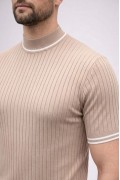 Erkek Fitilli Triko Dokuma Kısa Kol Tişört Yarım Boğaz Modern Yazlık T-Shirt - Bej