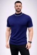 Erkek Fitilli Triko Dokuma Kısa Kol Tişört Yarım Boğaz Modern Yazlık T-Shirt - Lacivert