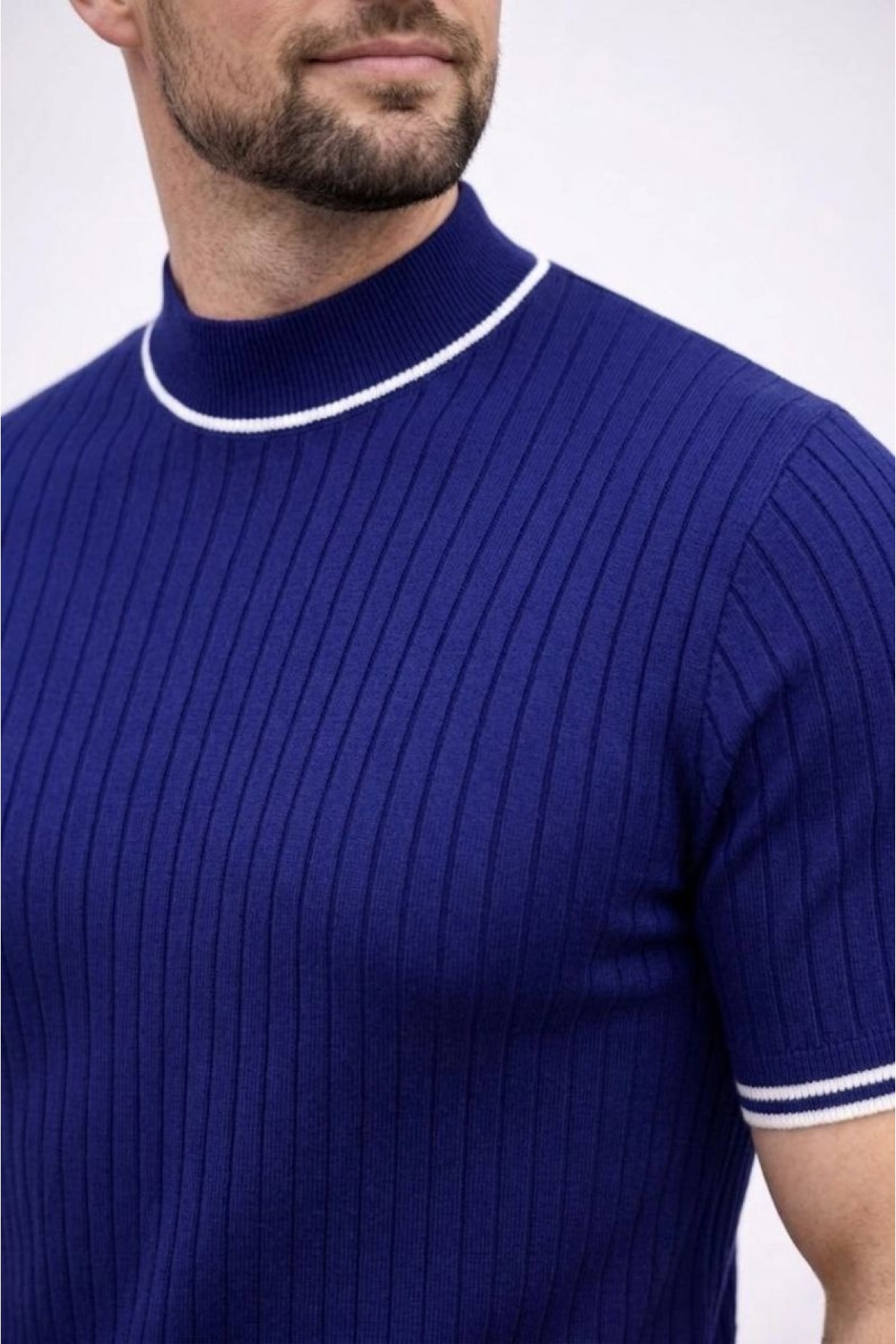 Erkek Fitilli Triko Dokuma Kısa Kol Tişört Yarım Boğaz Modern Yazlık T-Shirt - Lacivert