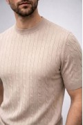 Erkek Yazlık Triko Dokuma Tişört Kısa Kol Bisiklet Yaka Örgü Desenli T-Shirt - Bej