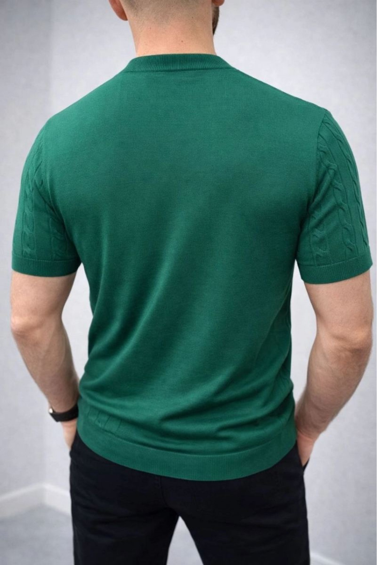 Erkek Yazlık Triko Dokuma Tişört Kısa Kol Bisiklet Yaka Örgü Desenli T-Shirt - Haki