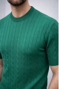 Erkek Yazlık Triko Dokuma Tişört Kısa Kol Bisiklet Yaka Örgü Desenli T-Shirt - Haki