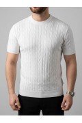 Erkek Yazlık Triko Dokuma Tişört Kısa Kol Bisiklet Yaka Örgü Desenli T-Shirt - Beyaz