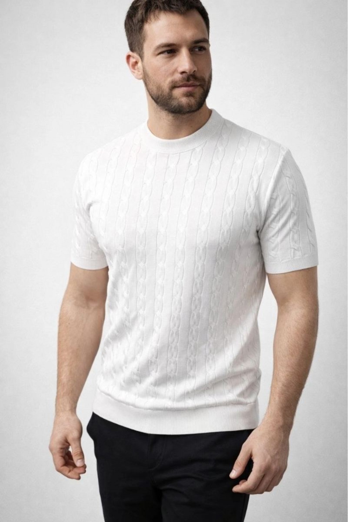 Erkek Yazlık Triko Dokuma Tişört Kısa Kol Bisiklet Yaka Örgü Desenli T-Shirt - Beyaz