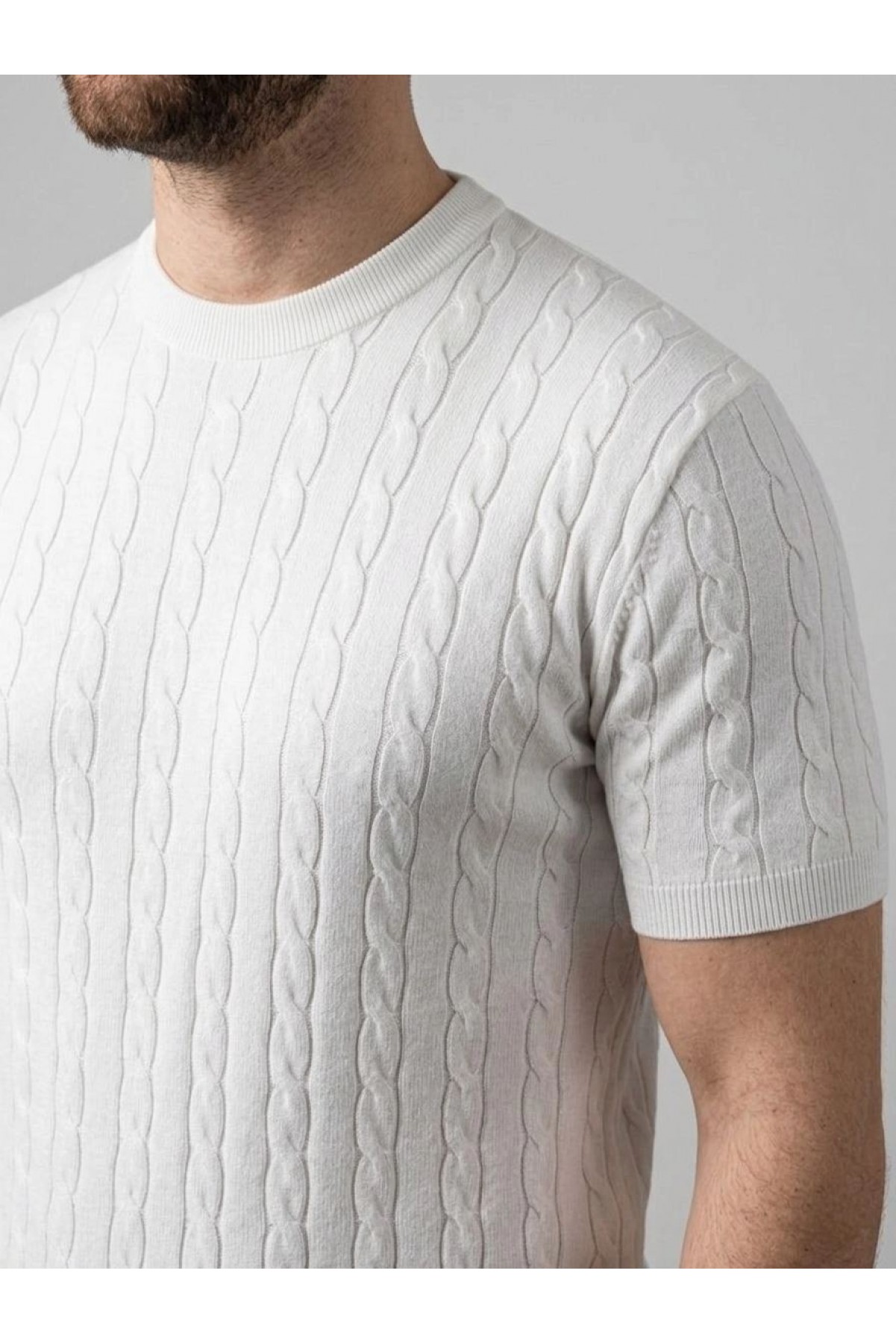 Erkek Yazlık Triko Dokuma Tişört Kısa Kol Bisiklet Yaka Örgü Desenli T-Shirt - Beyaz