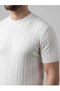 Erkek Yazlık Triko Dokuma Tişört Kısa Kol Bisiklet Yaka Örgü Desenli T-Shirt - Beyaz
