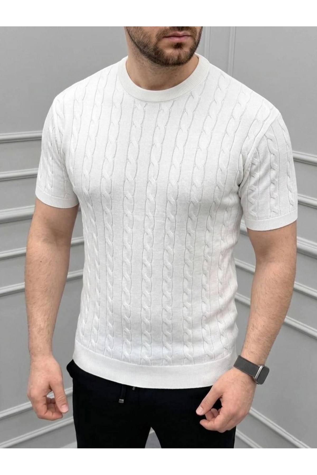 Erkek Yazlık Triko Dokuma Tişört Kısa Kol Bisiklet Yaka Örgü Desenli T-Shirt - Beyaz