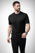 Erkek Yazlık Triko Dokuma Tişört Kısa Kol Bisiklet Yaka Örgü Desenli T-Shirt - Siyah