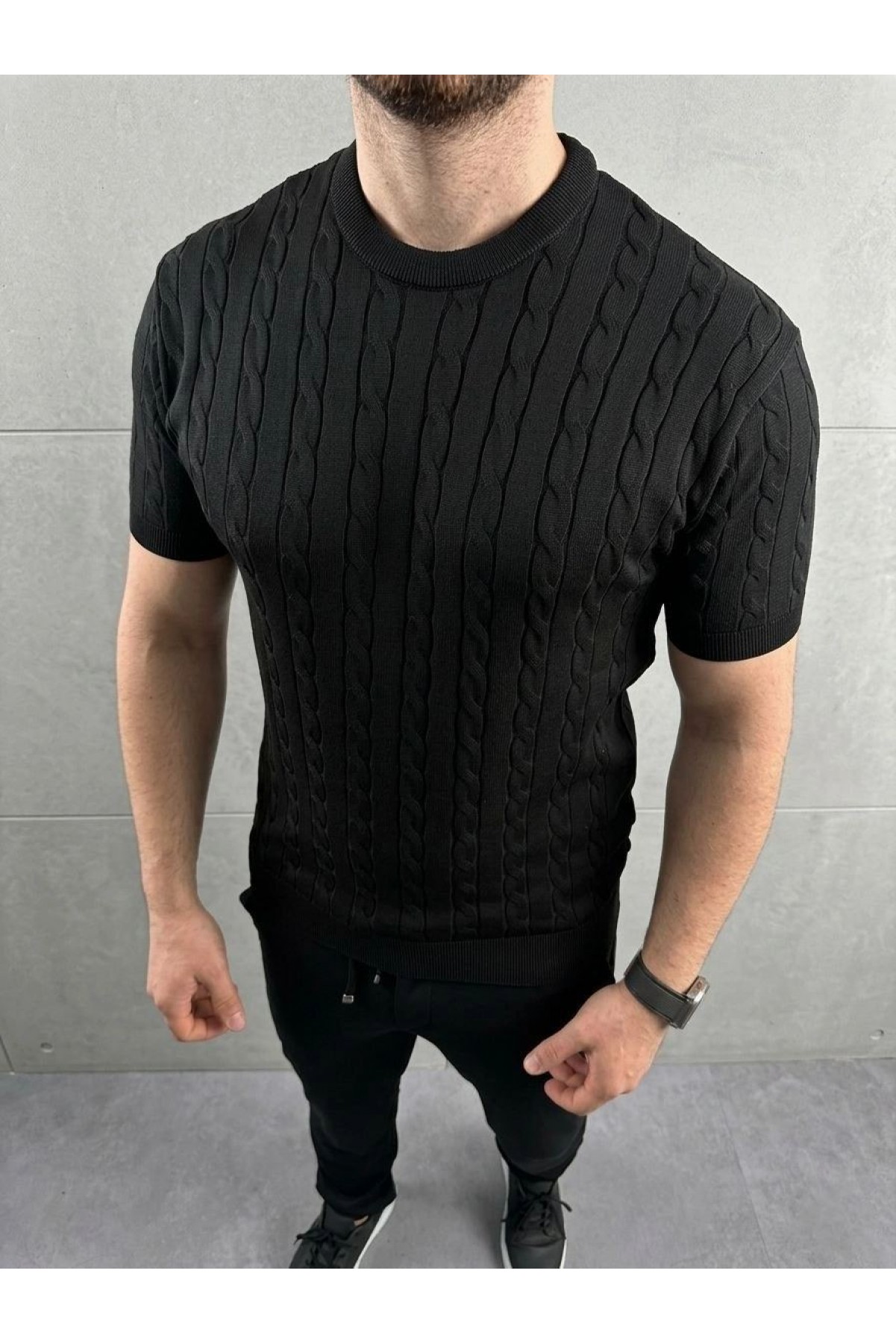 Erkek Yazlık Triko Dokuma Tişört Kısa Kol Bisiklet Yaka Örgü Desenli T-Shirt - Siyah