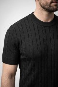 Erkek Yazlık Triko Dokuma Tişört Kısa Kol Bisiklet Yaka Örgü Desenli T-Shirt - Siyah