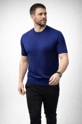 Erkek Yazlık Triko Dokuma Tişört Kısa Kol Bisiklet Yaka Örgü Desenli T-Shirt - Lacivert