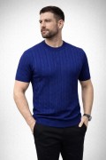 Erkek Yazlık Triko Dokuma Tişört Kısa Kol Bisiklet Yaka Örgü Desenli T-Shirt - Lacivert