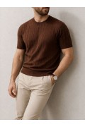 Erkek Yazlık Triko Dokuma Tişört Kısa Kol Bisiklet Yaka Örgü Desenli T-Shirt - Kahverengi