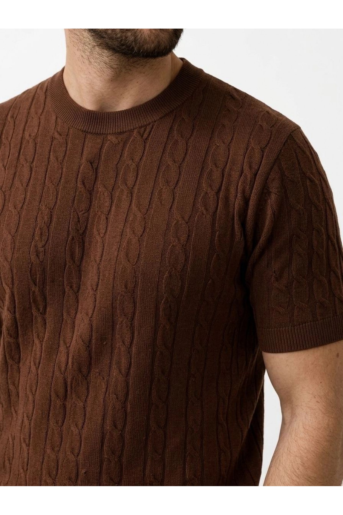 Erkek Yazlık Triko Dokuma Tişört Kısa Kol Bisiklet Yaka Örgü Desenli T-Shirt - Kahverengi