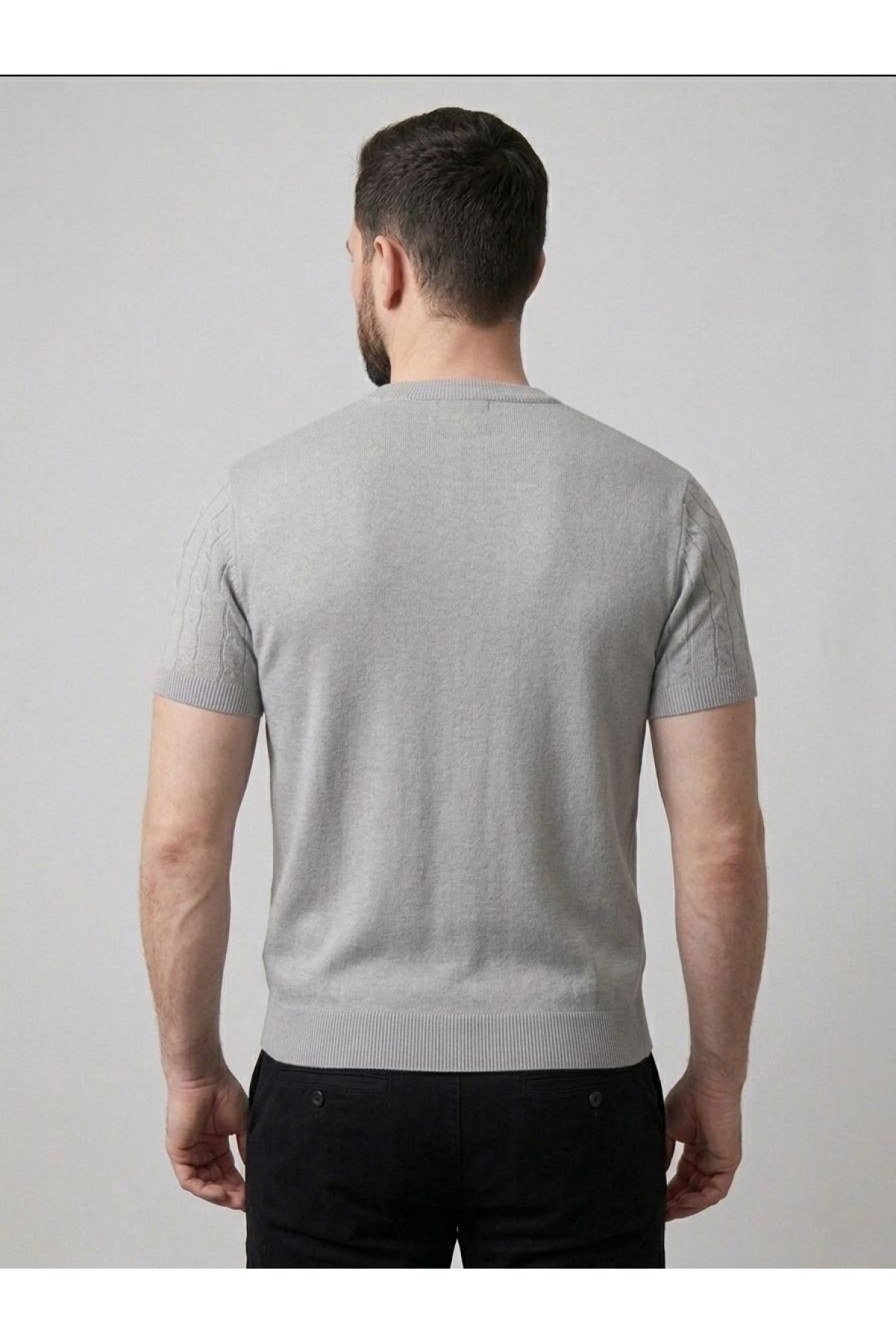 Erkek Yazlık Triko Dokuma Tişört Kısa Kol Bisiklet Yaka Örgü Desenli T-Shirt - Gri