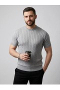 Erkek Yazlık Triko Dokuma Tişört Kısa Kol Bisiklet Yaka Örgü Desenli T-Shirt - Gri