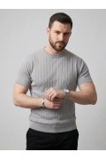 Erkek Yazlık Triko Dokuma Tişört Kısa Kol Bisiklet Yaka Örgü Desenli T-Shirt - Gri