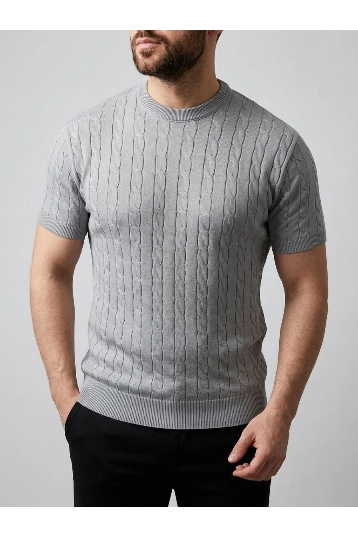Erkek Yazlık Triko Dokuma Tişört Kısa Kol Bisiklet Yaka Örgü Desenli T-Shirt - Gri