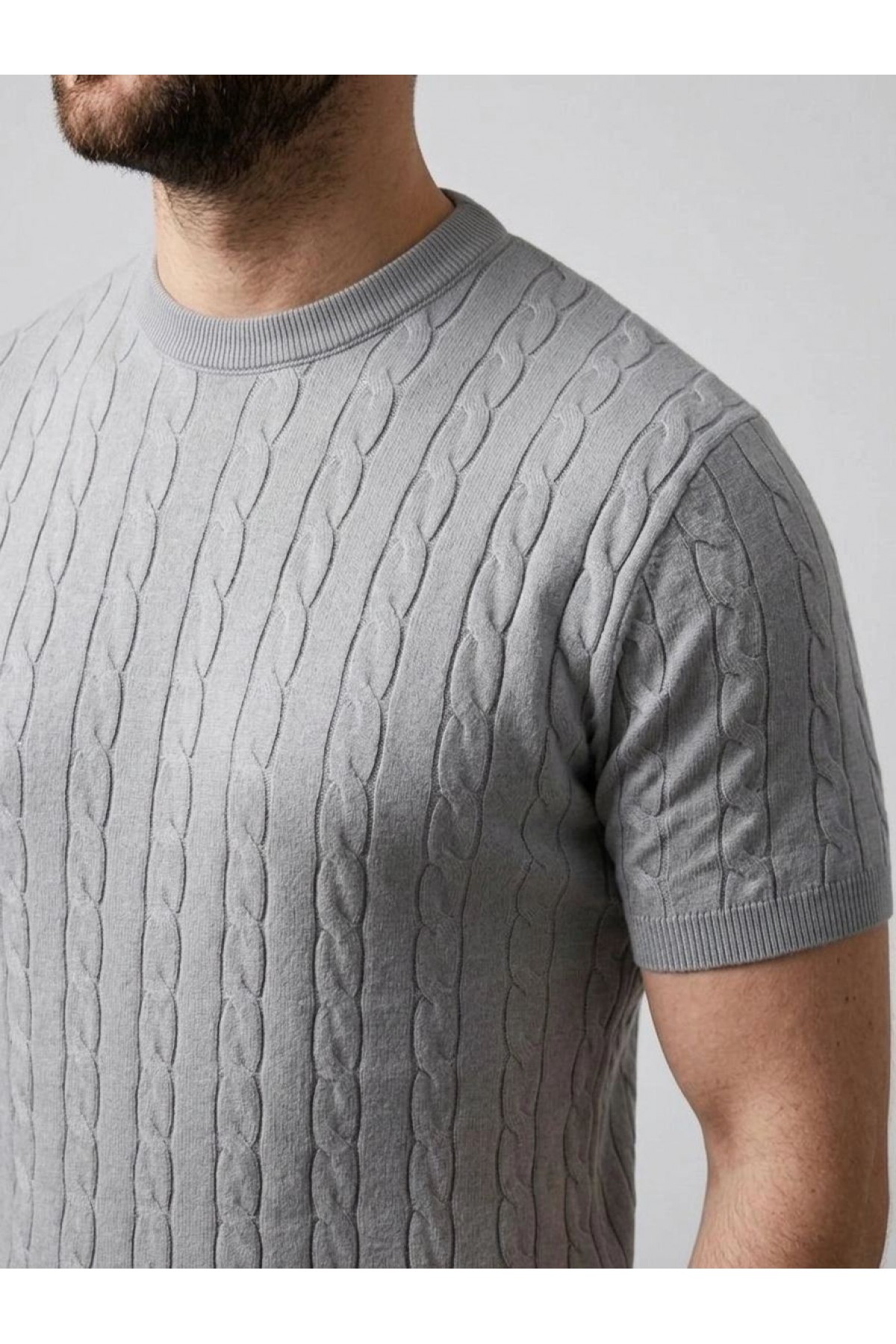Erkek Yazlık Triko Dokuma Tişört Kısa Kol Bisiklet Yaka Örgü Desenli T-Shirt - Gri