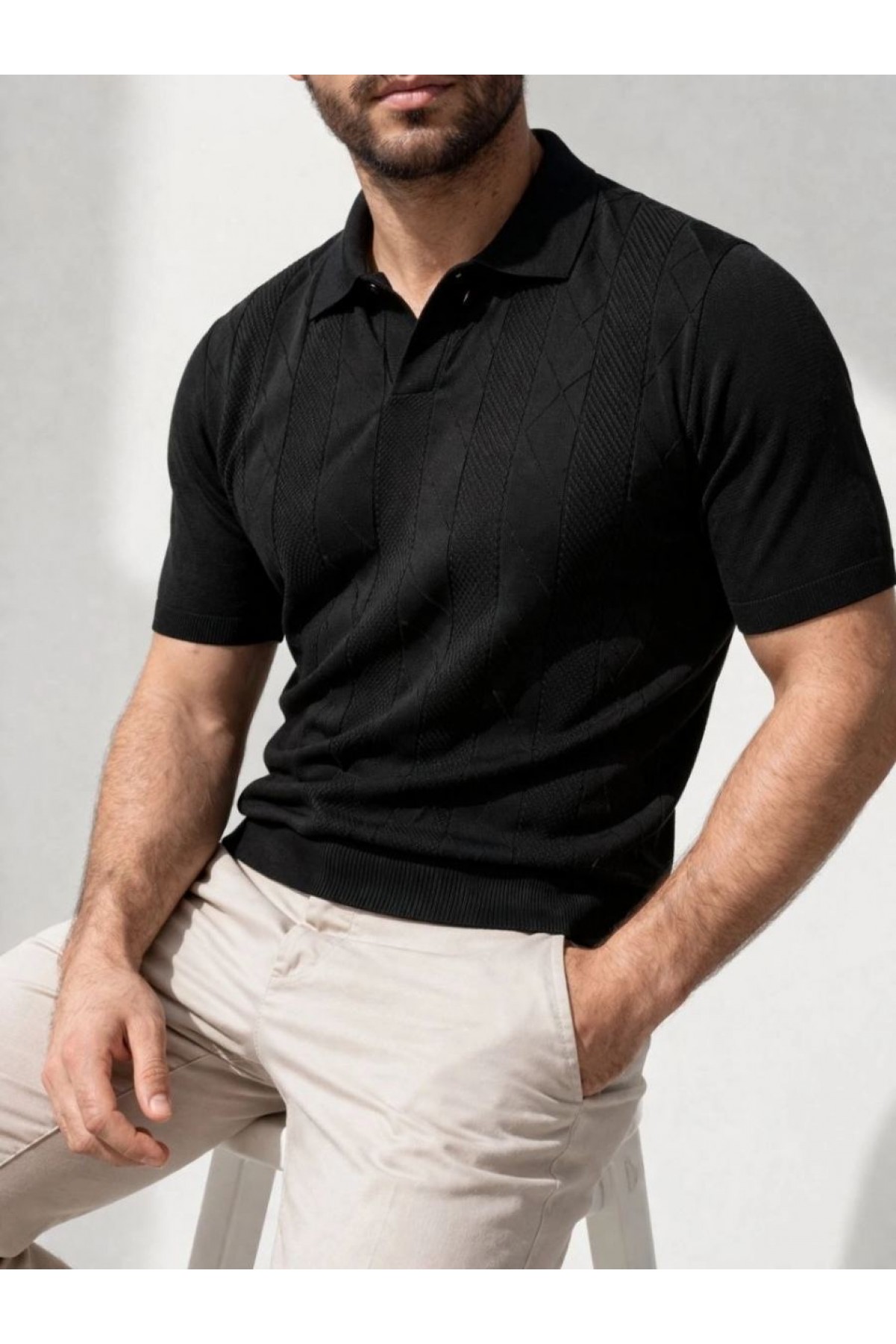 Erkek Yazlık Triko Dokuma Tişört Kısa Kol Polo Yaka T-Shirt - Siyah