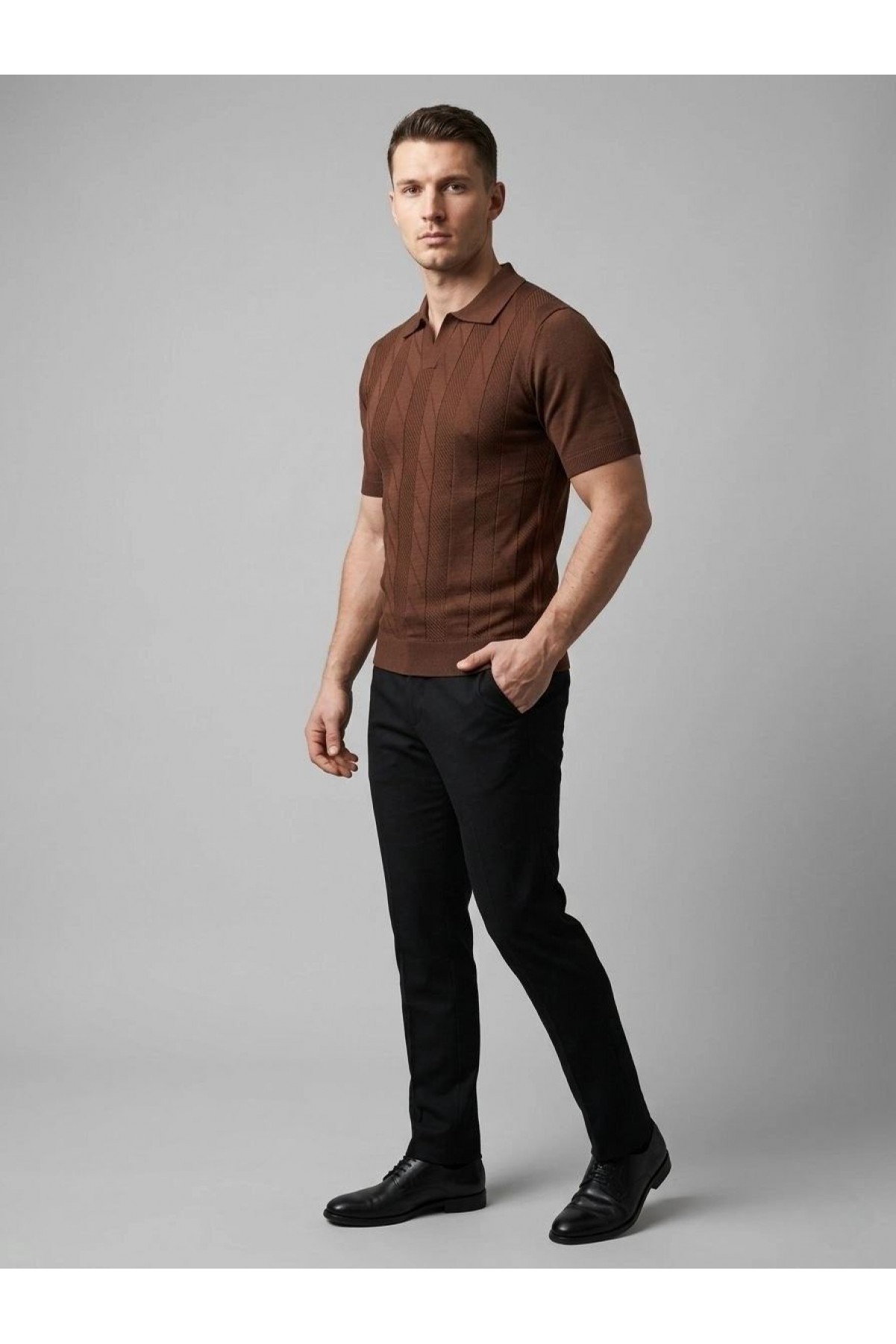 Erkek Yazlık Triko Dokuma Tişört Kısa Kol Polo Yaka T-Shirt - Kahverengi