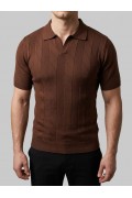 Erkek Yazlık Triko Dokuma Tişört Kısa Kol Polo Yaka T-Shirt - Kahverengi