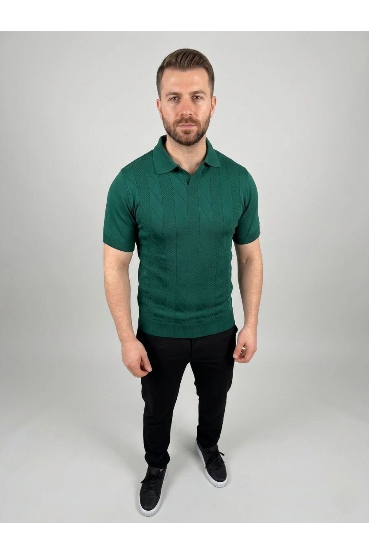 Erkek Yazlık Triko Dokuma Tişört Kısa Kol Polo Yaka T-Shirt - Koyu Yeşil