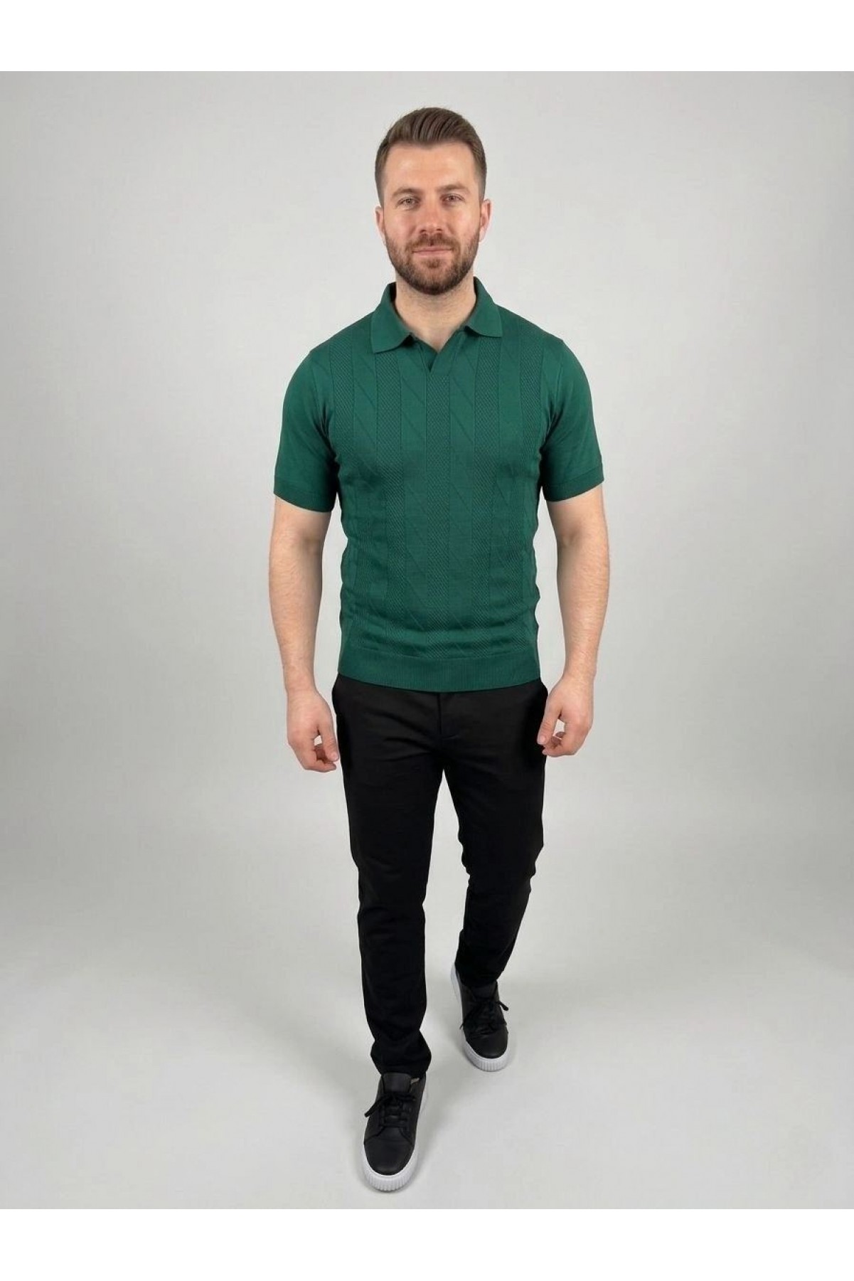 Erkek Yazlık Triko Dokuma Tişört Kısa Kol Polo Yaka T-Shirt - Koyu Yeşil