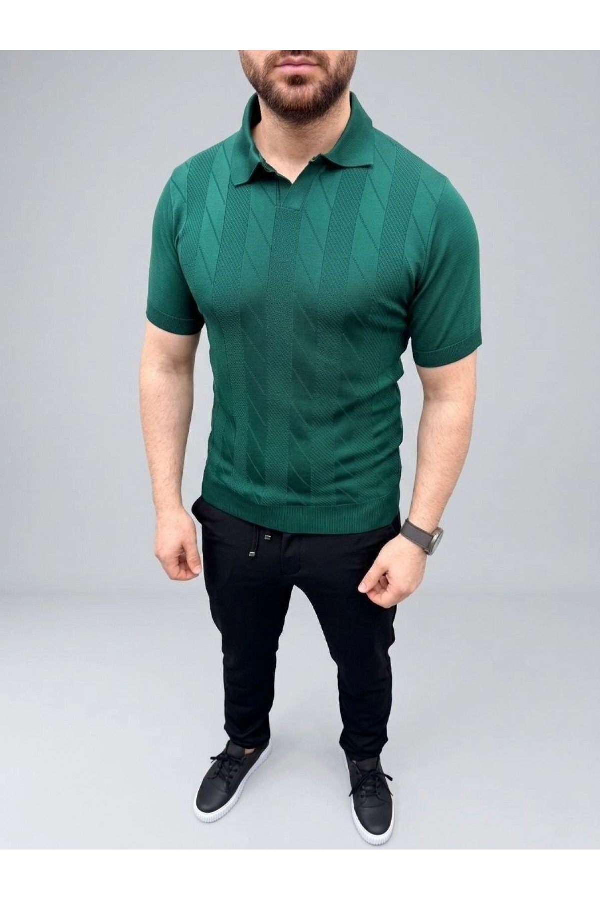 Erkek Yazlık Triko Dokuma Tişört Kısa Kol Polo Yaka T-Shirt - Koyu Yeşil