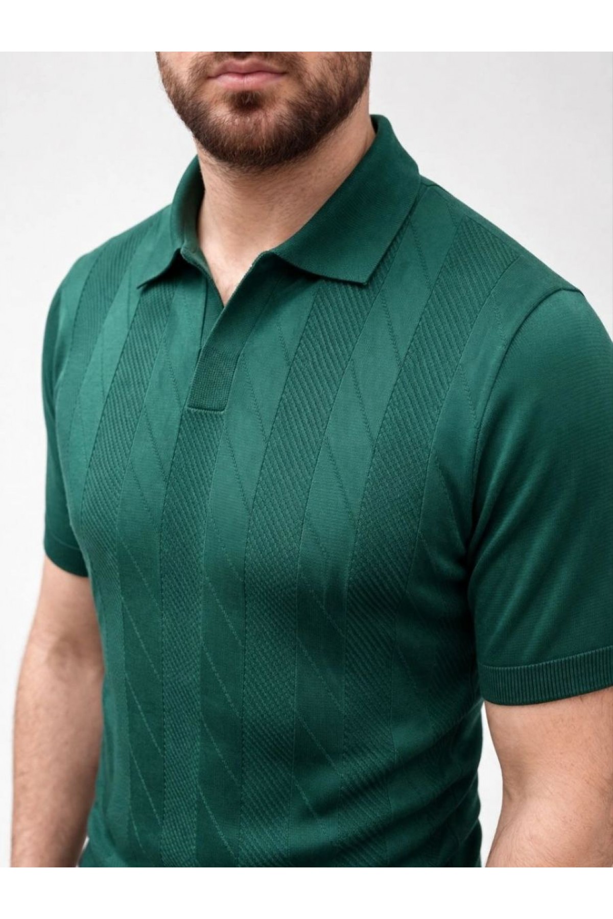 Erkek Yazlık Triko Dokuma Tişört Kısa Kol Polo Yaka T-Shirt - Koyu Yeşil