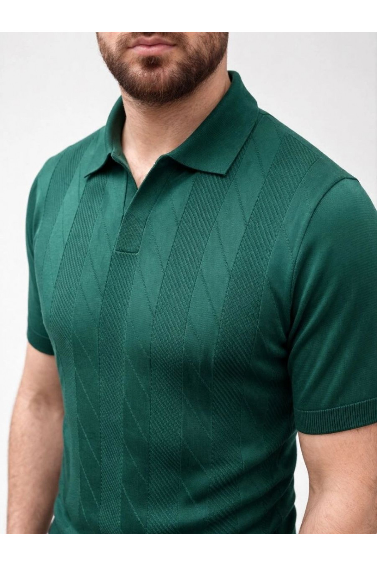 Erkek Yazlık Triko Dokuma Tişört Kısa Kol Polo Yaka T-Shirt - Koyu Yeşil