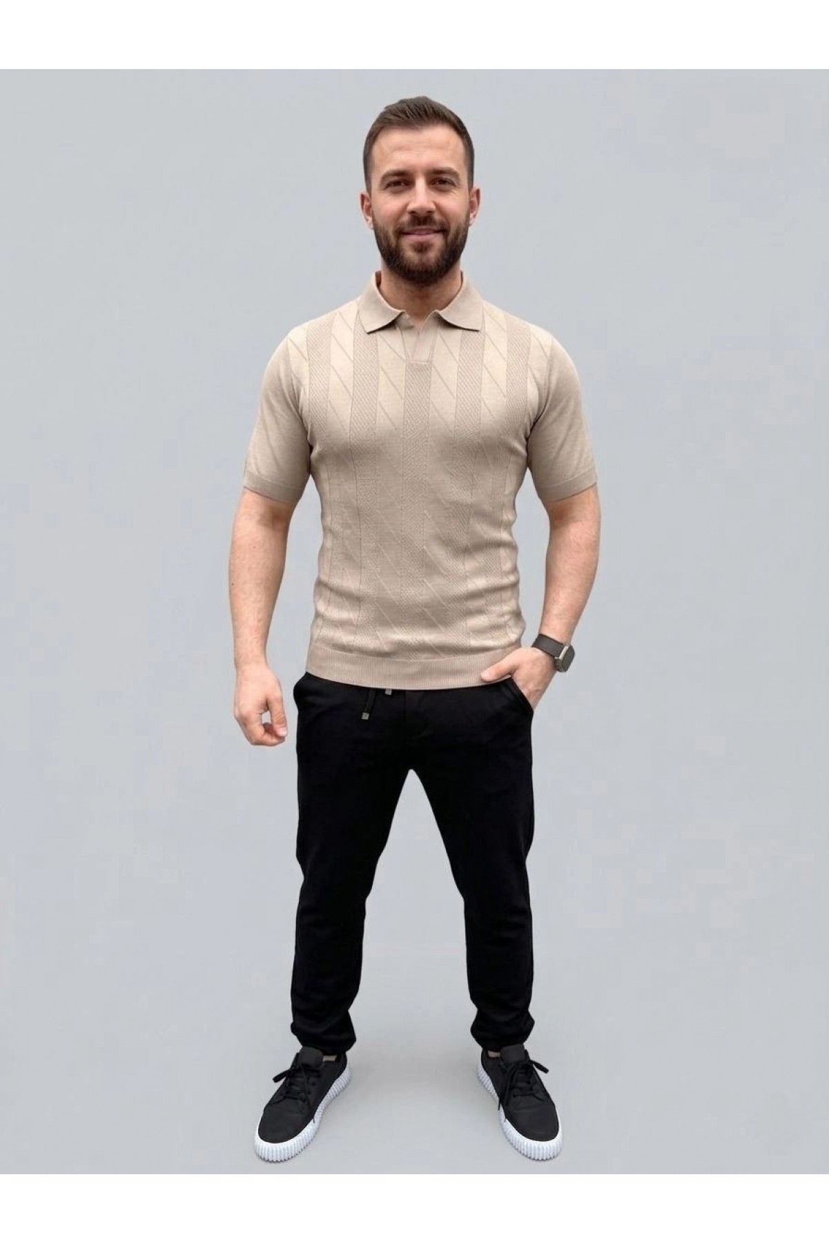 Erkek Yazlık Triko Dokuma Tişört Kısa Kol Polo Yaka T-Shirt - Bej