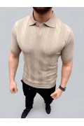 Erkek Yazlık Triko Dokuma Tişört Kısa Kol Polo Yaka T-Shirt - Bej