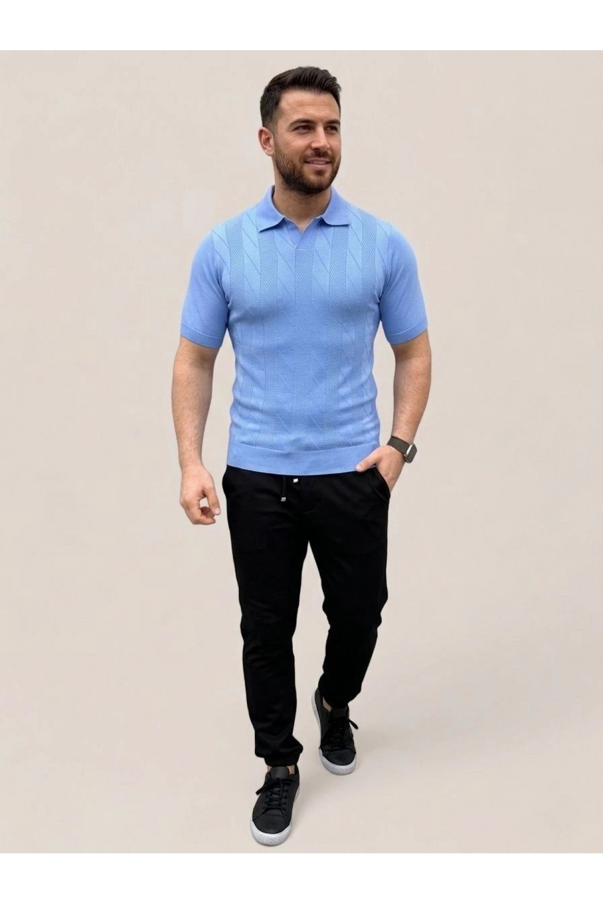 Erkek Yazlık Triko Dokuma Tişört Kısa Kol Polo Yaka T-Shirt - Bebek Mavisi