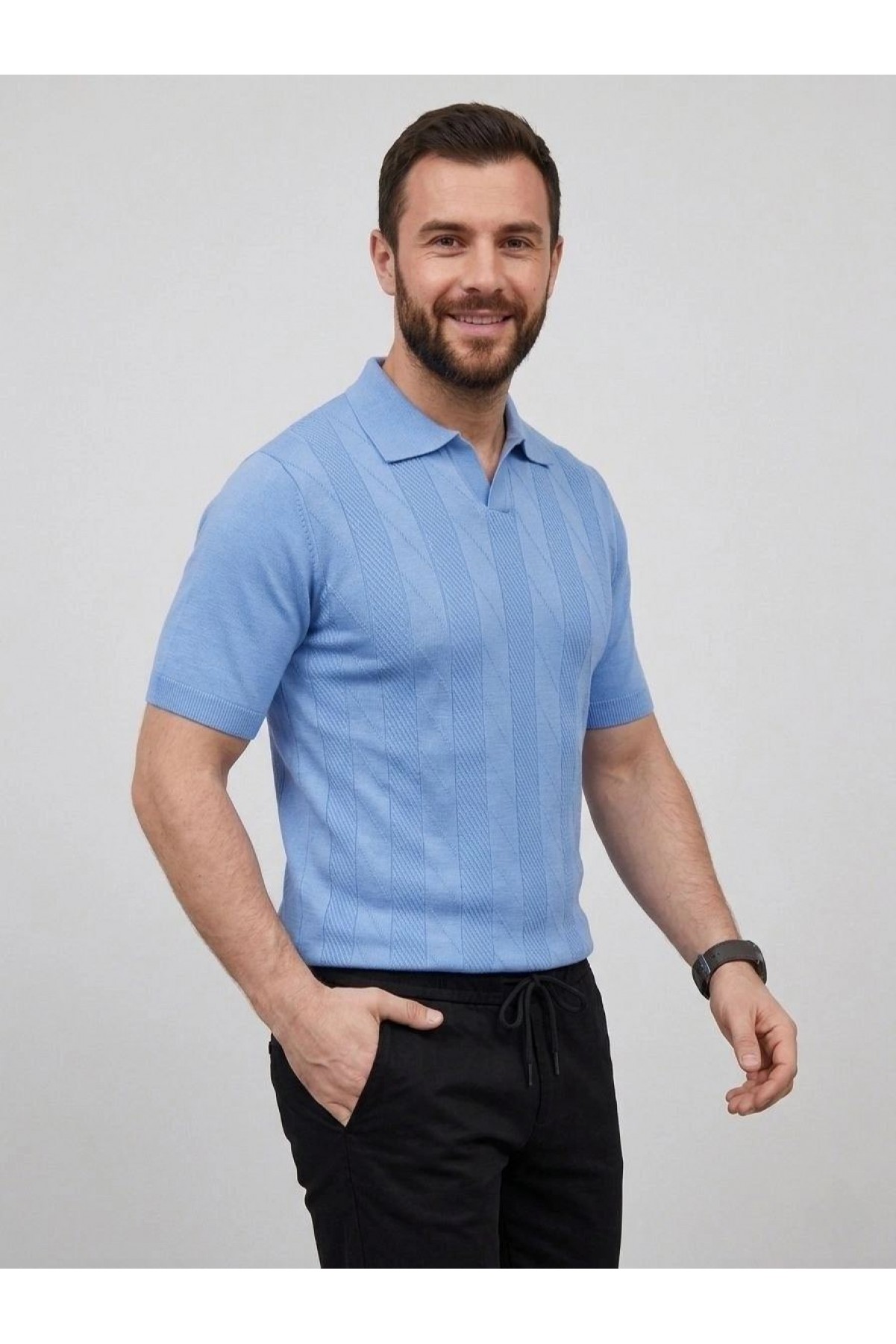 Erkek Yazlık Triko Dokuma Tişört Kısa Kol Polo Yaka T-Shirt - Bebek Mavisi