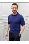 Erkek Yazlık Triko Dokuma Tişört Kısa Kol Polo Yaka T-Shirt - Lacivert