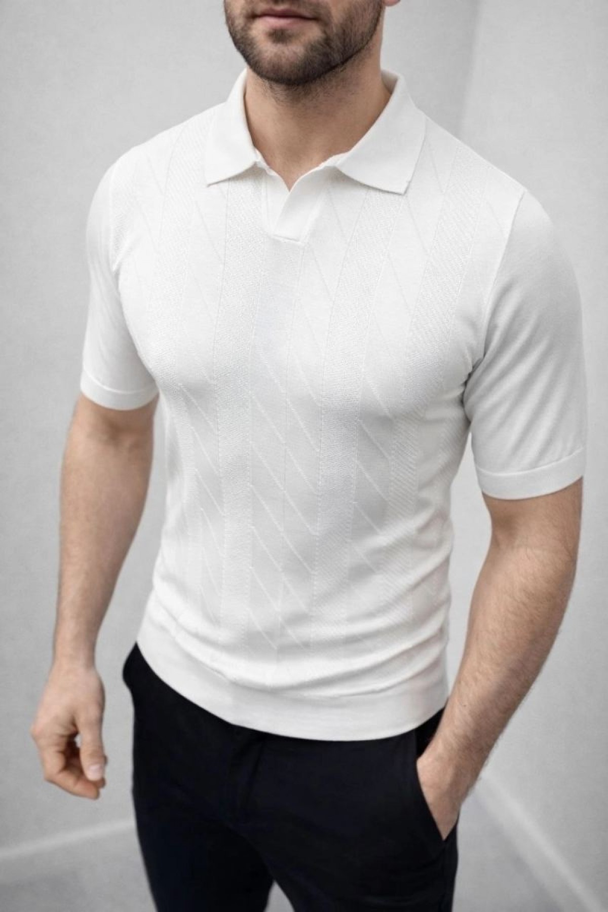 Erkek Yazlık Triko Dokuma Tişört Kısa Kol Polo Yaka T-Shirt - Beyaz