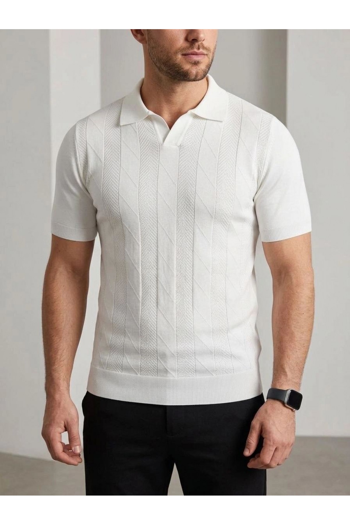 Erkek Yazlık Triko Dokuma Tişört Kısa Kol Polo Yaka T-Shirt - Beyaz