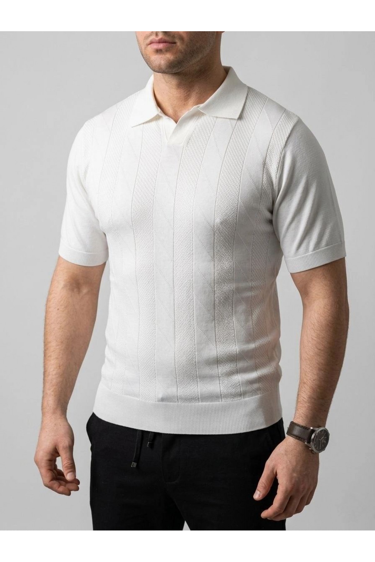 Erkek Yazlık Triko Dokuma Tişört Kısa Kol Polo Yaka T-Shirt - Beyaz