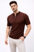Erkek Kısa Kol Fitilli Triko T-Shirt Yazlık Hakim Yaka Tişört - Kahverengi