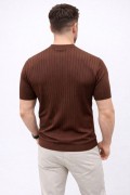 Erkek Kısa Kol Fitilli Triko T-Shirt Yazlık Hakim Yaka Tişört - Kahverengi