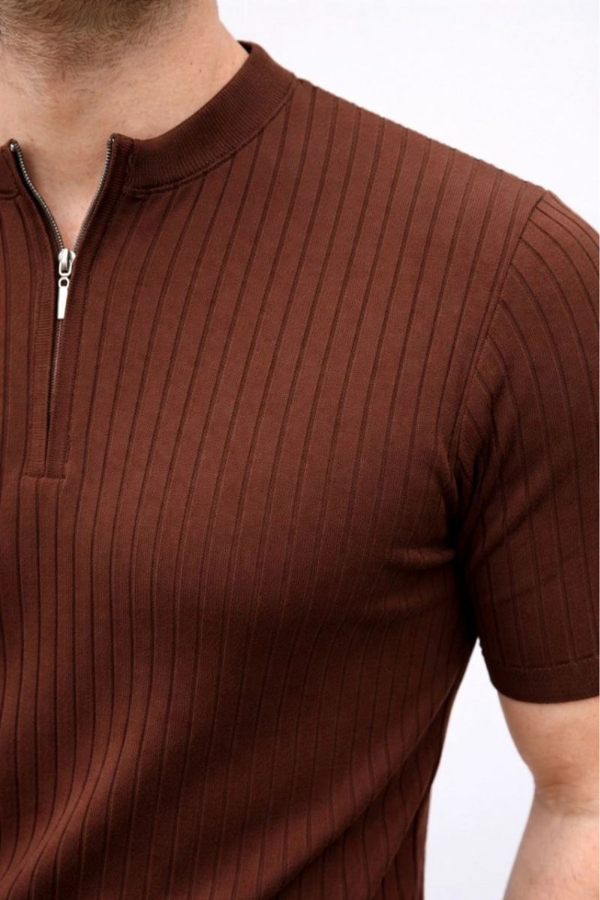 Erkek Kısa Kol Fitilli Triko T-Shirt Yazlık Hakim Yaka Tişört - Kahverengi